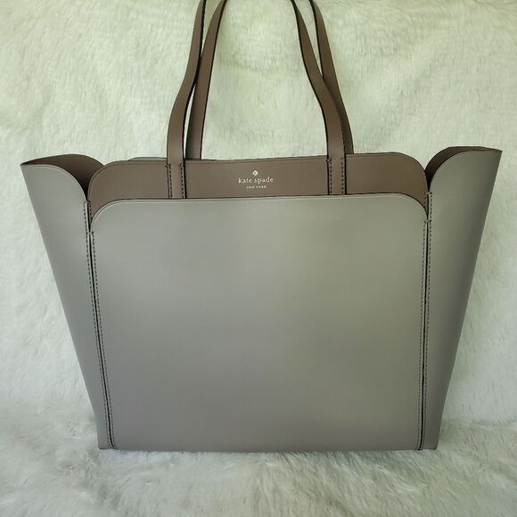 Kate Spade Magnolia Street Double Pocket Taupe Leather Tote Bag - Picture 1 of 7